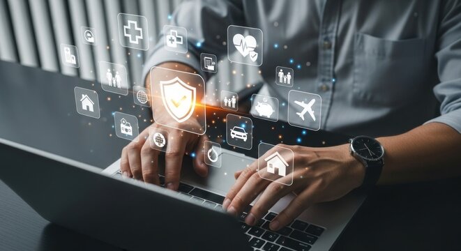 Man using laptop with insurance icons floating above the keyboard and wearing a wristwatch on wrist