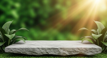 Stone platform with green foliage and sunlight creating a natural product display background scene