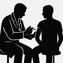 Silhouette of a doctor administering a vaccine to a patient, symbolizing healthcare, vaccination, and medical care. Ideal for immunization, public health, and clinical treatment themes.