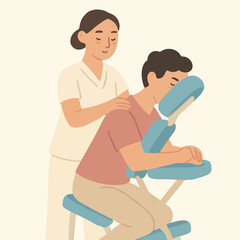 Vector illustration of a therapist massaging a client on a chair, symbolizing wellness, relaxation, and professional care. Perfect for spa services, stress relief, and health therapy themes.