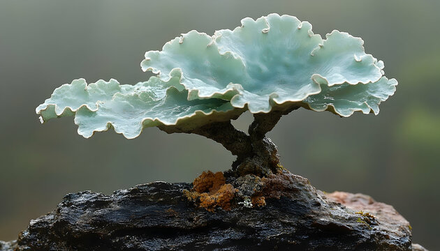 Pale Green Peltigera Lichen with Ruffled Edges Growing on Dark W
