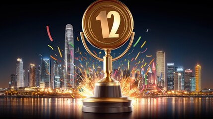 A vibrant New Year's Eve celebration background with dynamic metallic confetti explosion effects, twinkling bokeh lights and cinematic depth of field.