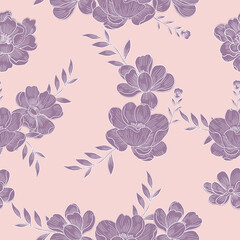 Hand Drawn Anemone Flower and Leaves Seamless Pattern