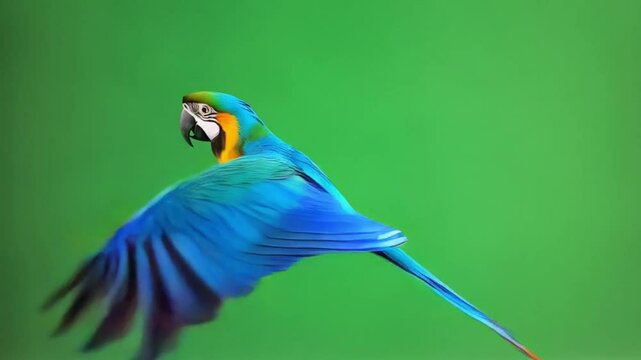 A vibrant blue and yellow macaw parrot with wings spread against a green screen backdrop green screen bird video
