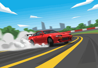 Red Sports Coupe Drifting Powerful Engine Smoke Trails Aggressive Body Kit.