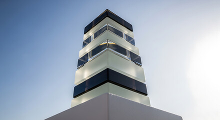 Modern Obelisk: Geometric Glass Sculpture Against Blue Sky