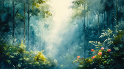 Obraz premium Tropical Forest Landscape in Watercolor Brushstrokes