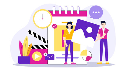 Content Group Finalizing Monthly Publishing Calendar flat vector illustration