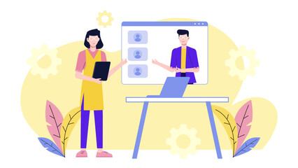 Sales Rep Preparing for Virtual Client Meeting flat vector illustration