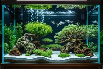 A detailed view of a fish tank with aquatic plants rocks and fish swimming in the water inside the tank