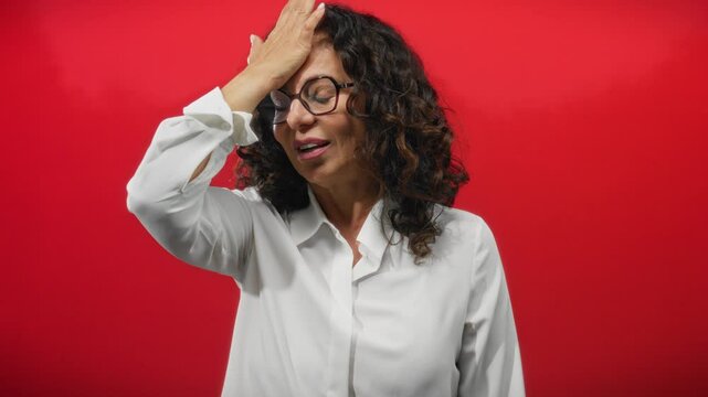 Woman with curly hair expressing surprise against a vibrant red background, hand on forehead, wearing glasses and white shirt, showcasing emotions and mature charm.