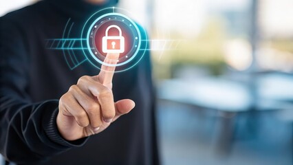 Person touching a digital padlock icon with a finger on a blurred background in a black sweater