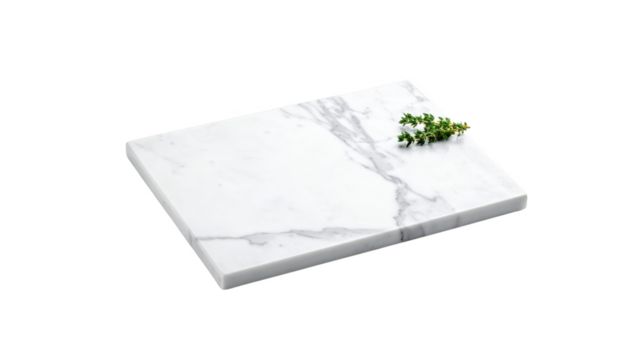 Marble cutting board with herbs isolated on transparent background