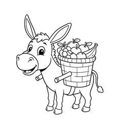A smiling cartoon donkey walks with a big basket of fruits on its back.