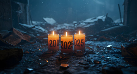 Candles with Year Numbers Burning in Dark Ruined Building Scene
