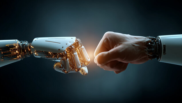 A humanoid robot AI agent hologram sharing knowledge with a human during the singularity symbolizing agentic autonomy and AGI technology in the future using superintelligence