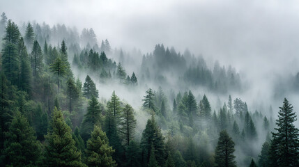 Serene Misty Forest Landscape with Tall Pine Trees in Foggy Mountain Scenery