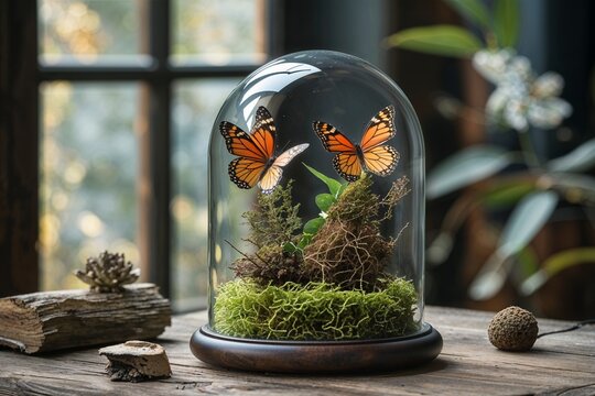 Butterflies and moss under glass dome on rustic wooden table near window with natural light