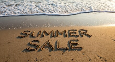 Summer sale message written in sand on a beach with gentle waves