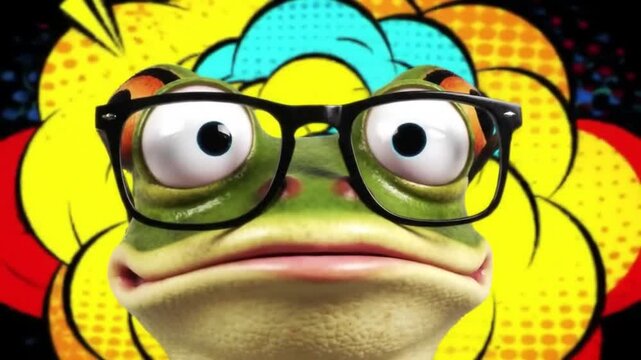 Cartoon Frog Wearing Glasses Staring Intensely with Colorful Background