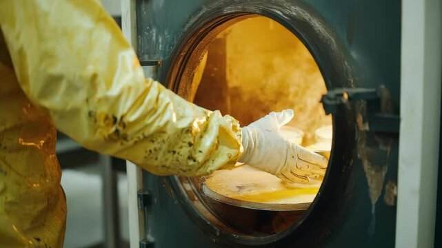 Baking pastries in a commercial oven with skilled hands at a busy bakery during the morning rush