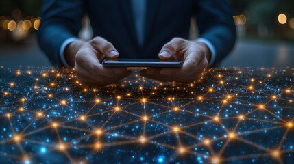 Businessman using phone, network graphic overlay