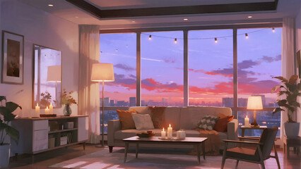 Fototapeta premium A living room with a couch, coffee table, and a potted plant