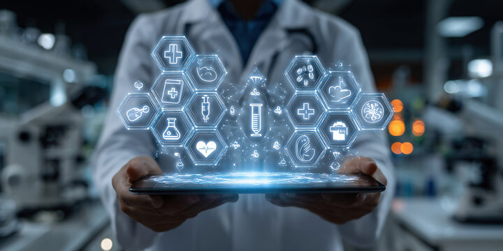 doctor holding digital tablet with glowing medical interface icons, futuristic touchscreen display, holographic healthcare symbols like cross