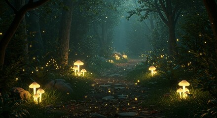 Glowing mushrooms forest path at night