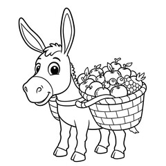 A cute cartoon donkey with a cheerful face carries a basket full of fruits on its back.