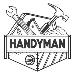 Retro style emblem featuring a toolbox filled with classic tools and the word handyman in bold lettering