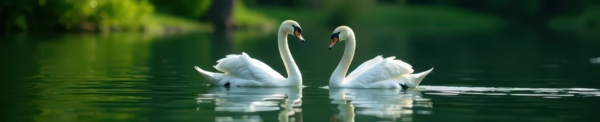 Obraz premium Two swans swimming, tranquil lake backdrop, lush greenery , pair, elegant