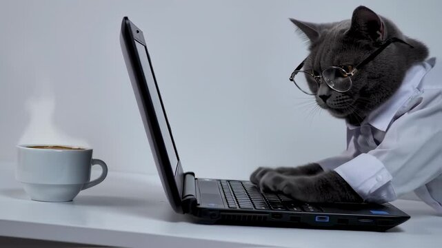 Funny business: a gray cat in a shirt and glasses working on a laptop computer with a cup of coffee
