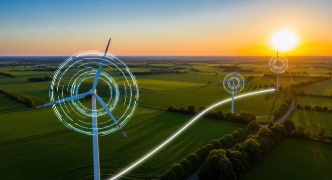 Futuristic wind turbines harnessing renewable energy in a green landscape - Powered by Adobe