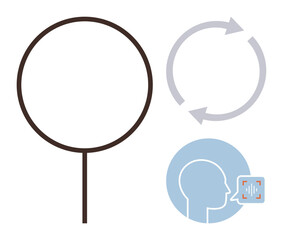 Circular microphone, cyclic arrows, head silhouette with voice-based interface. Ideal for communication, technology, software, AI, innovation voice recognition automation. Clean simple flat