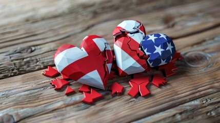 Broken heart illustration with American and Canadian flags, representing strained trade relations and tariff conflicts