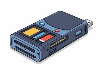 Obraz premium Cartoon illustration of a multi-card reader with USB, SD, and other memory card slots
