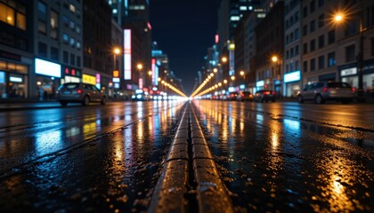Fototapeta premium Reflective City Lights at Night on Wet Pavement