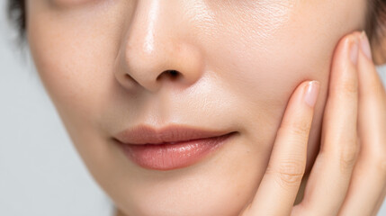 Fototapeta premium A beautiful woman with a clear complexion pointing at her cheek. Beauty Treatment, Concept beauty procedure and skin care