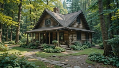 Secluded Log Cabin in a Lush Forest