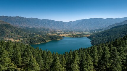 Panoramic view of a tranquil lake nestled amidst mountains and forests.