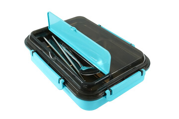 Plastic and stainless lunch box, which is black and blue in color. n white background, food...