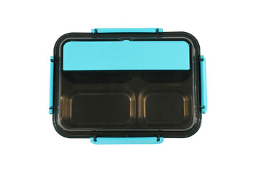 Plastic and stainless lunch box, which is black and blue in color. n white background, food...