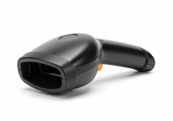 Close-up of a black barcode scanner with an orange trigger on a white background.