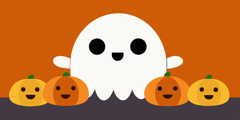 Obraz premium Happy Halloween pumpkins with a smiling ghost, perfect for an autumn holiday celebration