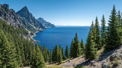 Scenic view of a lake surrounded by mountains and forests.
