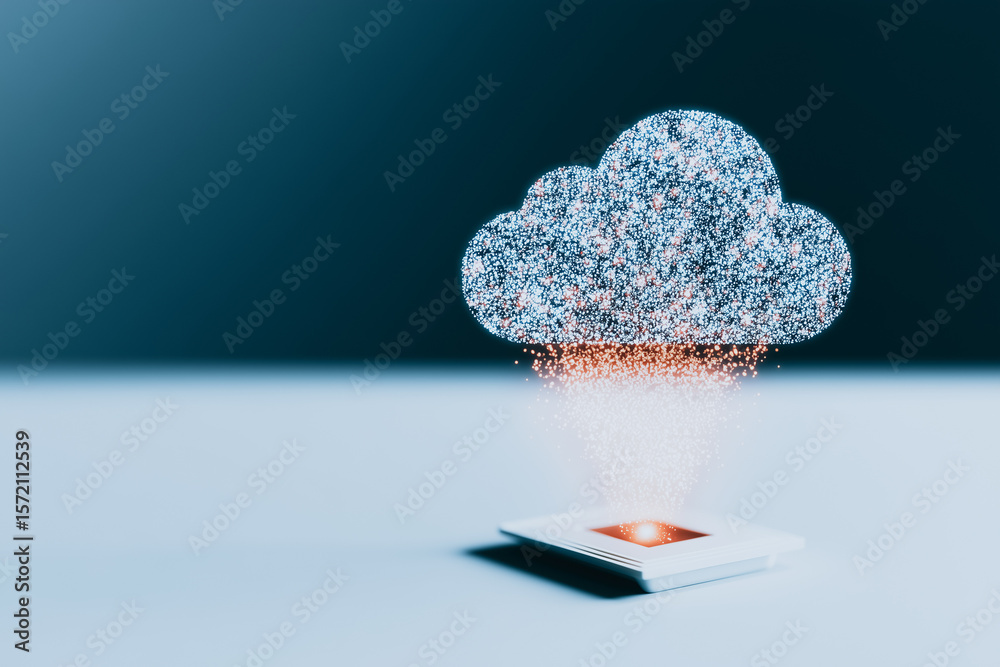 Poster digital cloud technology: a conceptual visualization of cloud computing, with a sparkling cloud hove
