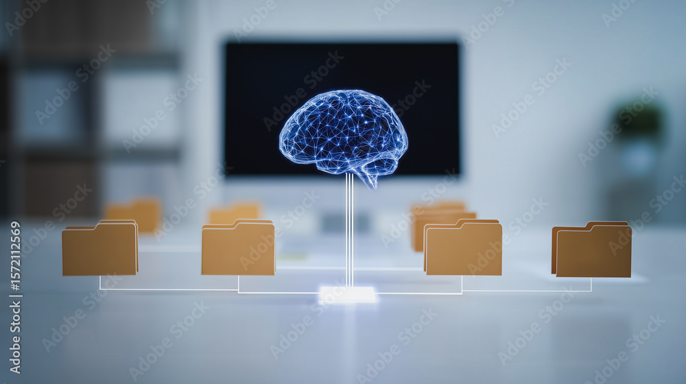 Poster digital brain: the image showcases a digital brain central to information management, symbolizing da
