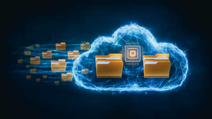 Cloud Computing Data Transfer: Fast and secure data transfer in the cloud, represented by golden folders moving into a glowing cloud.