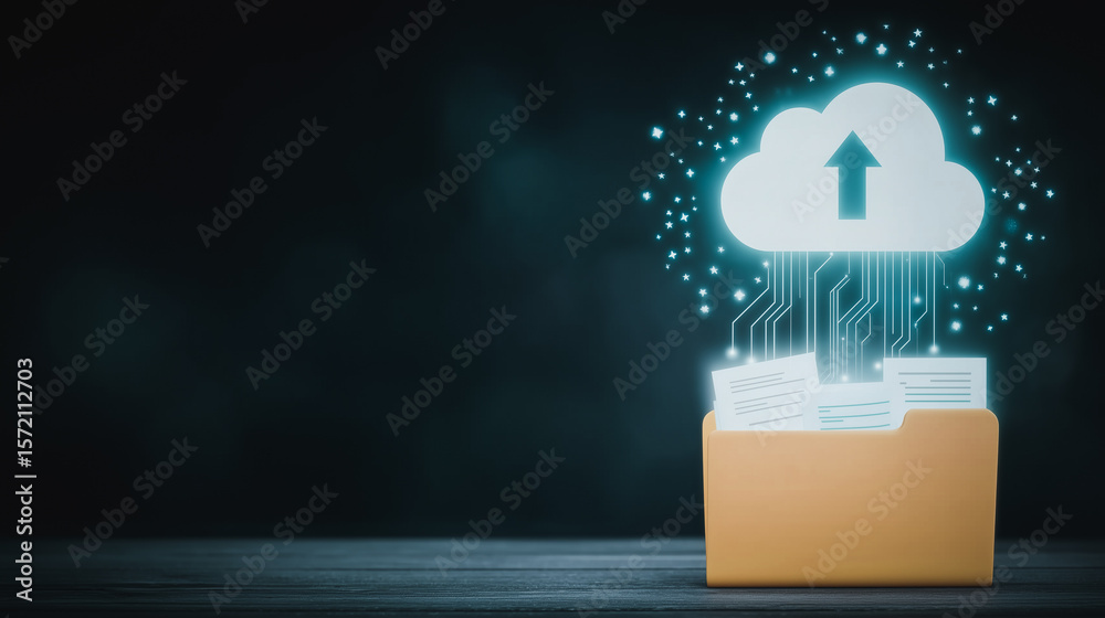Fototapete Cloud Data Upload: Visualizing the seamless transfer of digital files, a radiant cloud icon hovers above an open folder, representing secure and efficient data upload